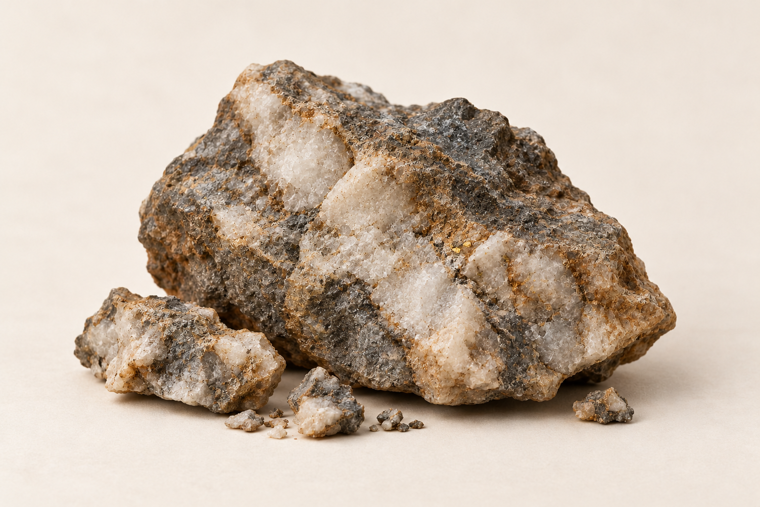Illustrative rough gold-bearing ore with milky quartz, earthy staining and sparse gold flecks.
